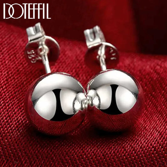 Sterling Silver 8/10/12mm Round Smooth Solid Bead Ball Stud Earrings For Women