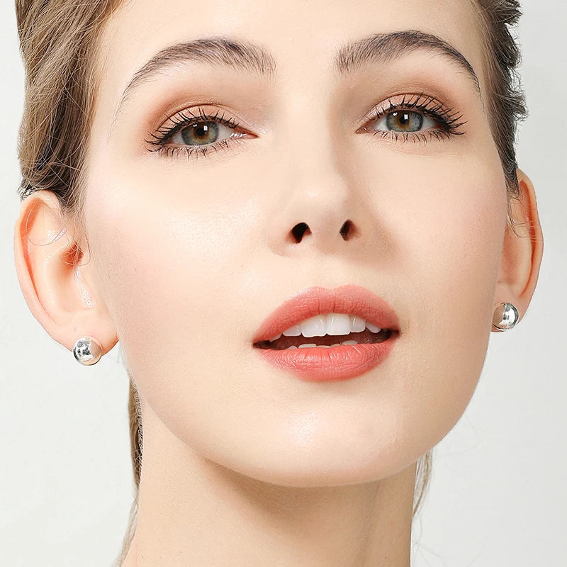 Sterling Silver 8/10/12mm Round Smooth Solid Bead Ball Stud Earrings For Women