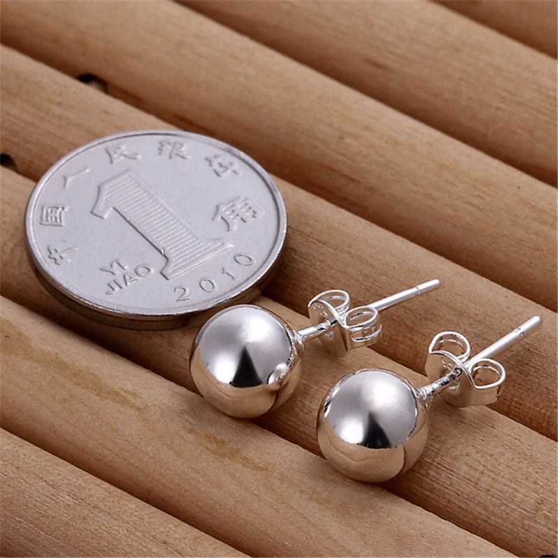 Sterling Silver 8/10/12mm Round Smooth Solid Bead Ball Stud Earrings For Women