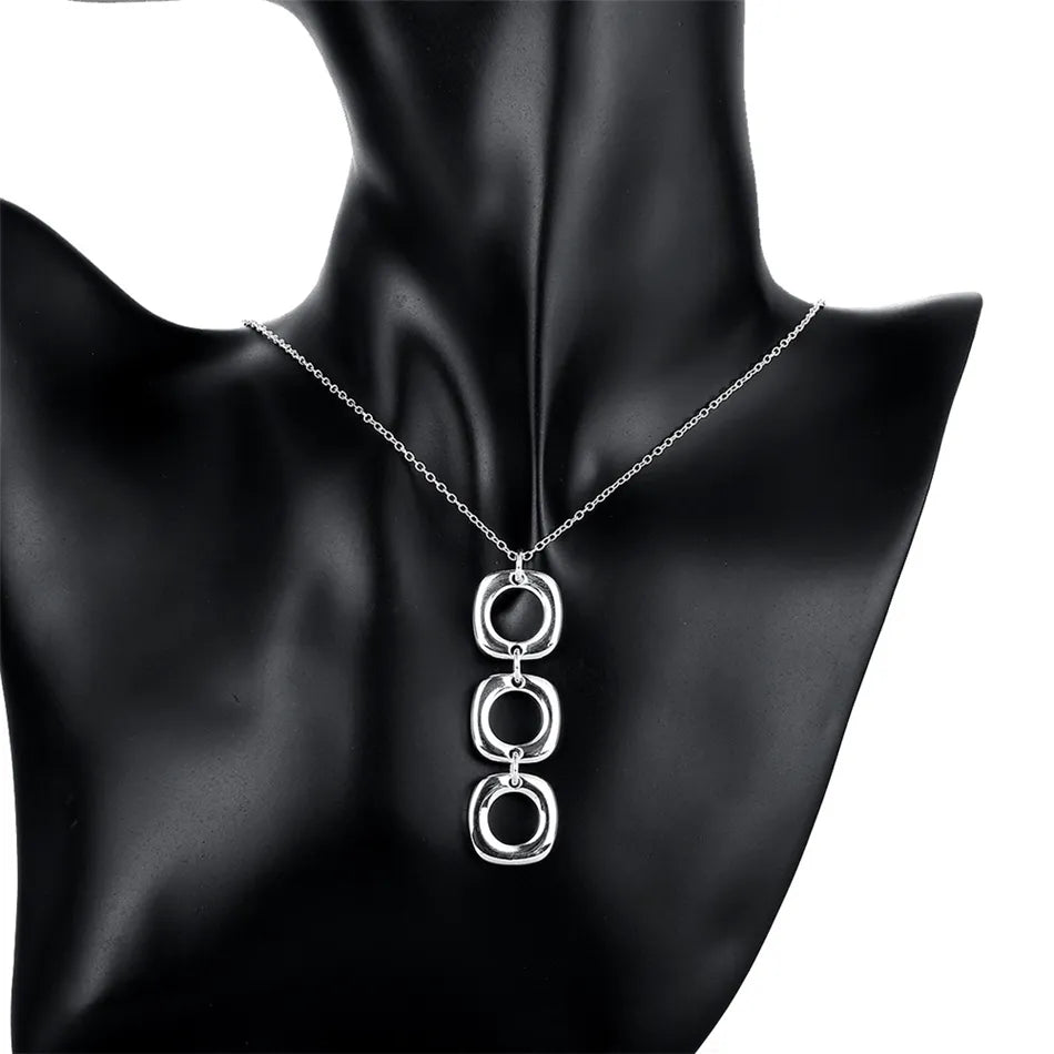 Sterling Silver Round Square Necklace Earring Set For Woman