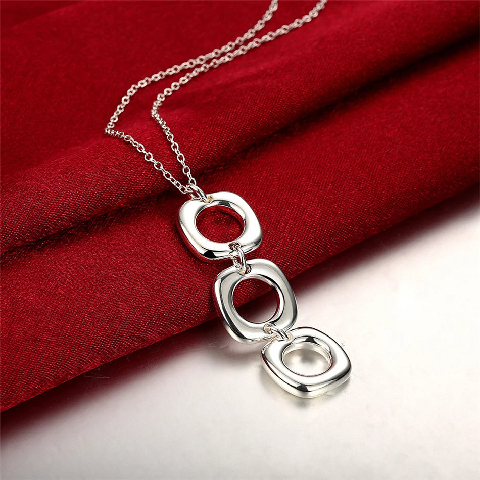 Sterling Silver Round Square Necklace Earring Set For Woman