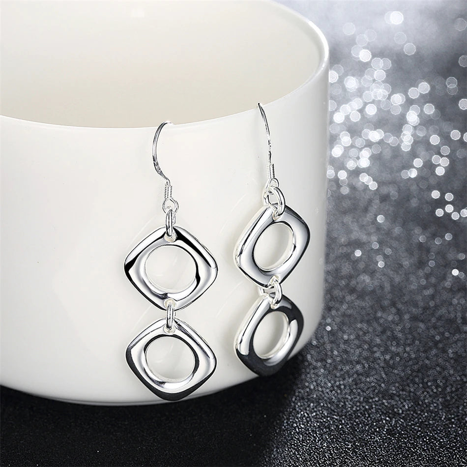 Sterling Silver Round Square Necklace Earring Set For Woman