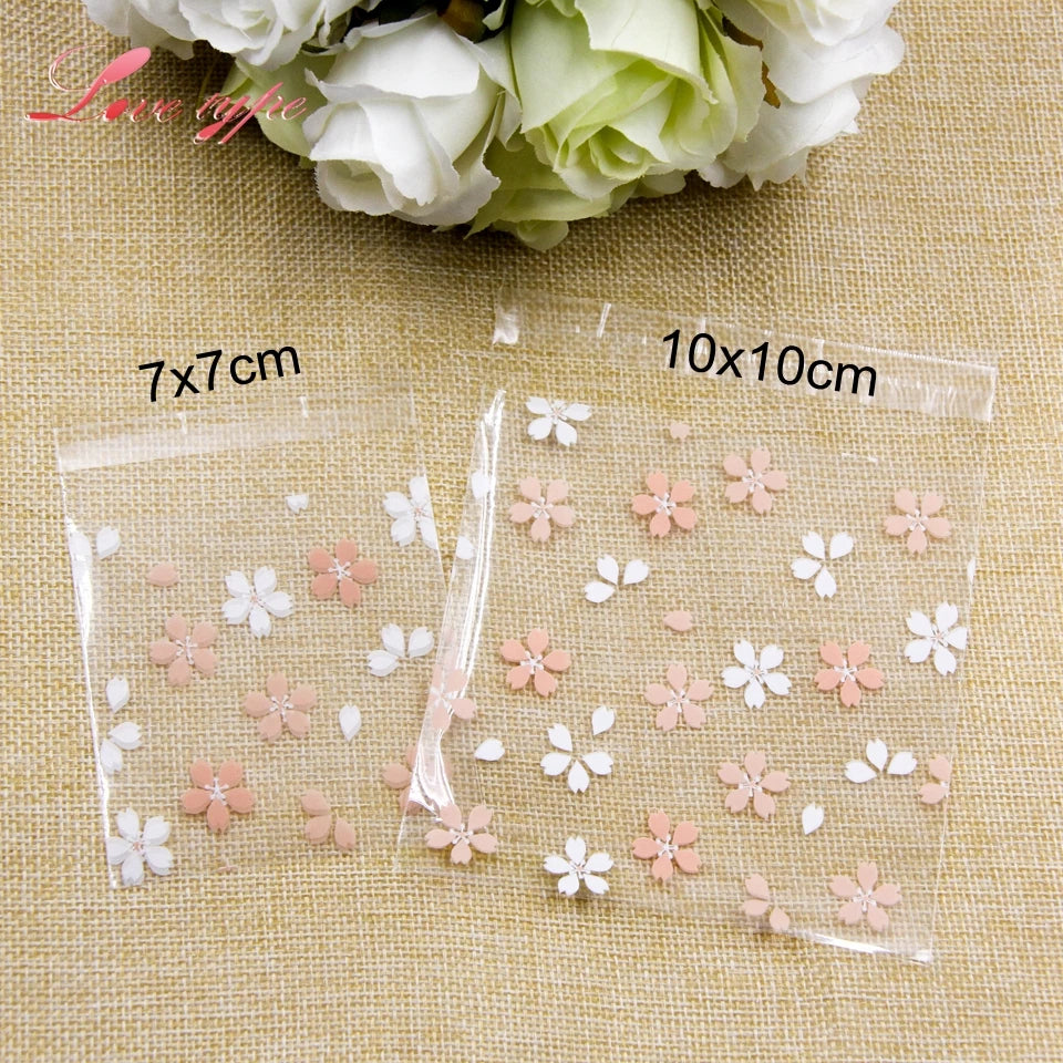 100PCS Cherry Blossoms Candy &Cookie Plastic Bags Self-Adhesive