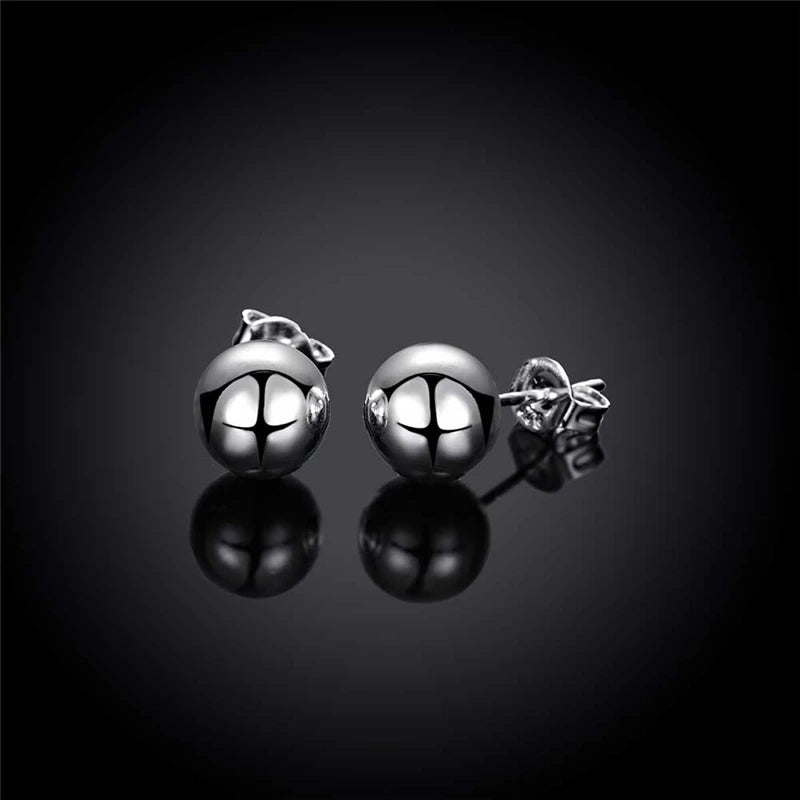 Sterling Silver 8/10/12mm Round Smooth Solid Bead Ball Stud Earrings For Women