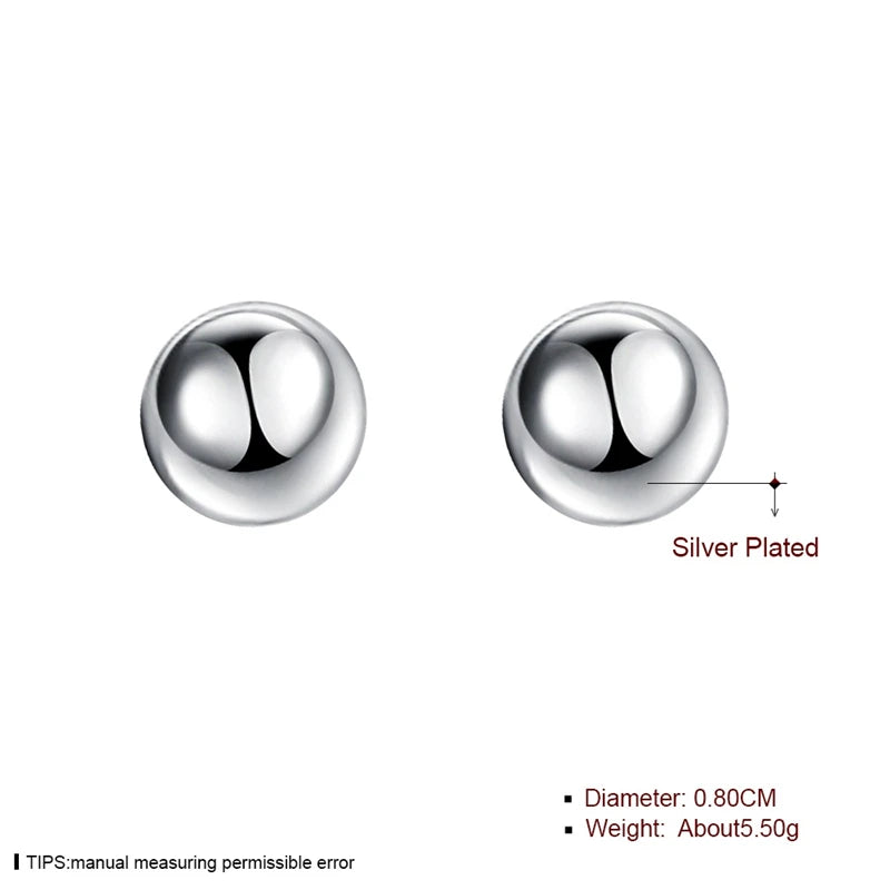 Sterling Silver 8/10/12mm Round Smooth Solid Bead Ball Stud Earrings For Women