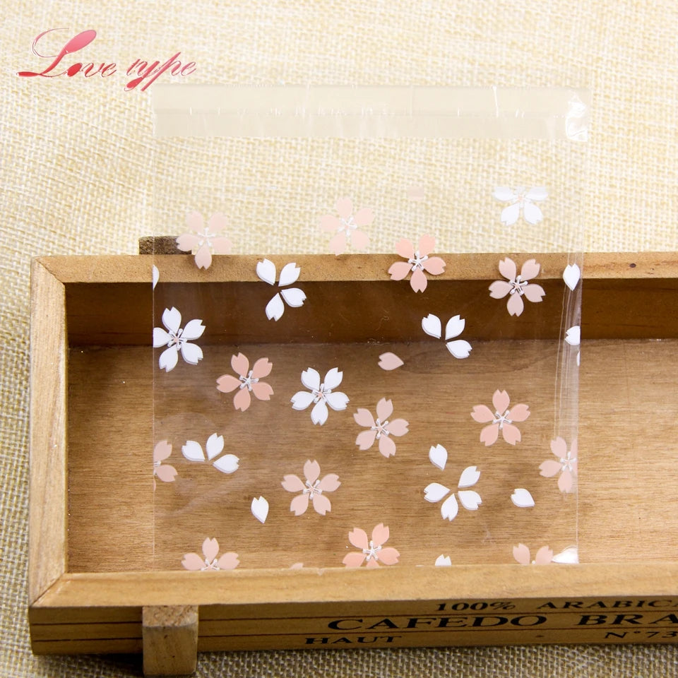 100PCS Cherry Blossoms Candy &Cookie Plastic Bags Self-Adhesive