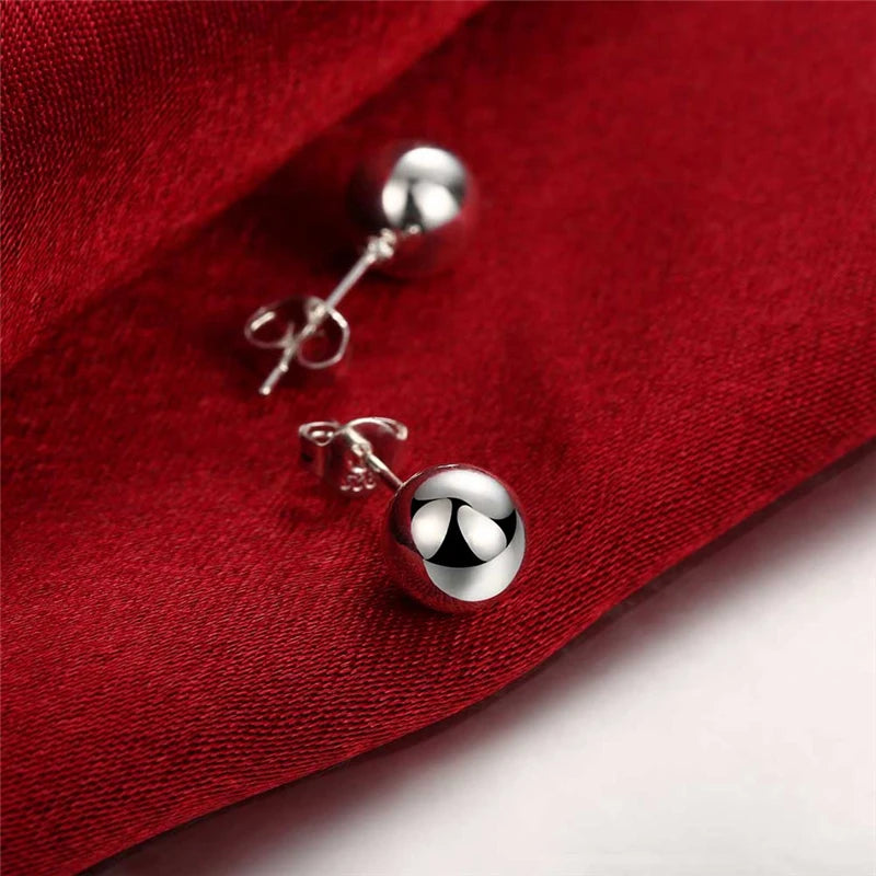 Sterling Silver 8/10/12mm Round Smooth Solid Bead Ball Stud Earrings For Women