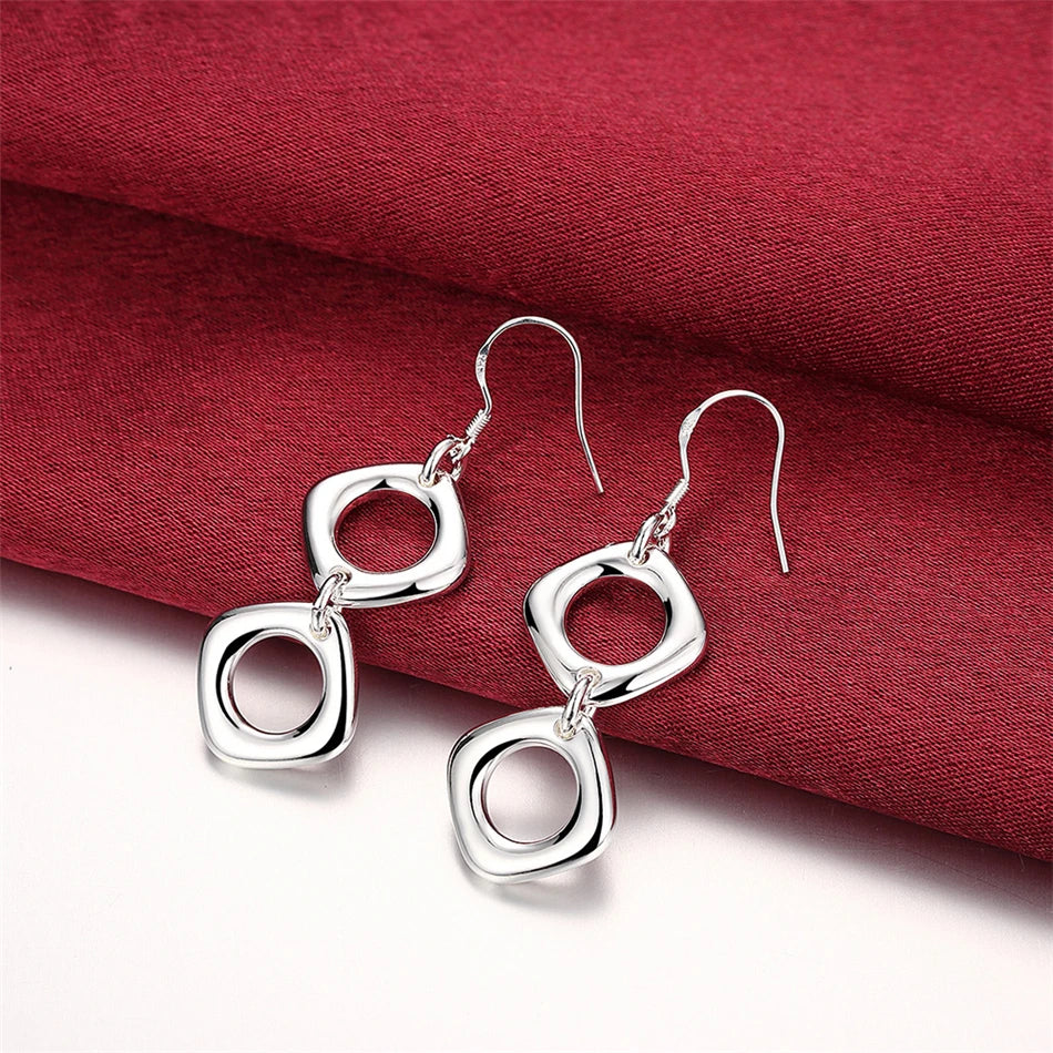 Sterling Silver Round Square Necklace Earring Set For Woman