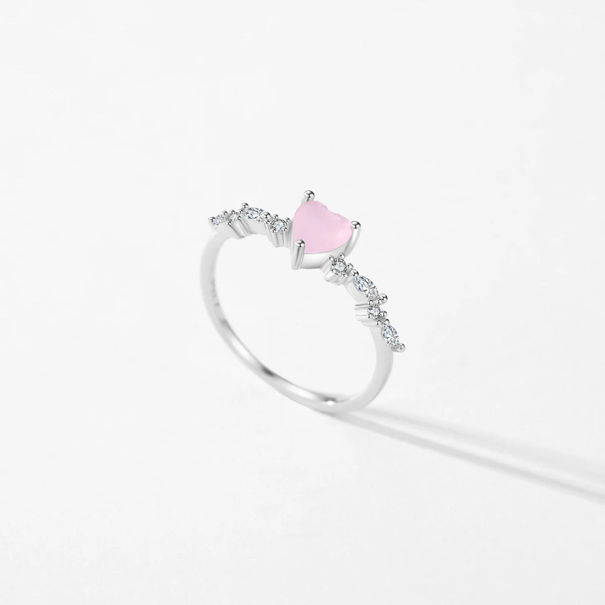 Sterling Silver Elegant Pink Crystal Heart Finger Rings For Women