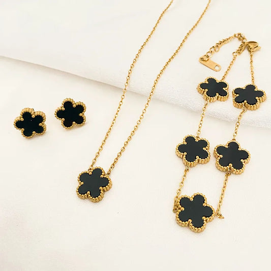 Five Leaf Flower Pendant Necklace Earrings Bracelet for Women