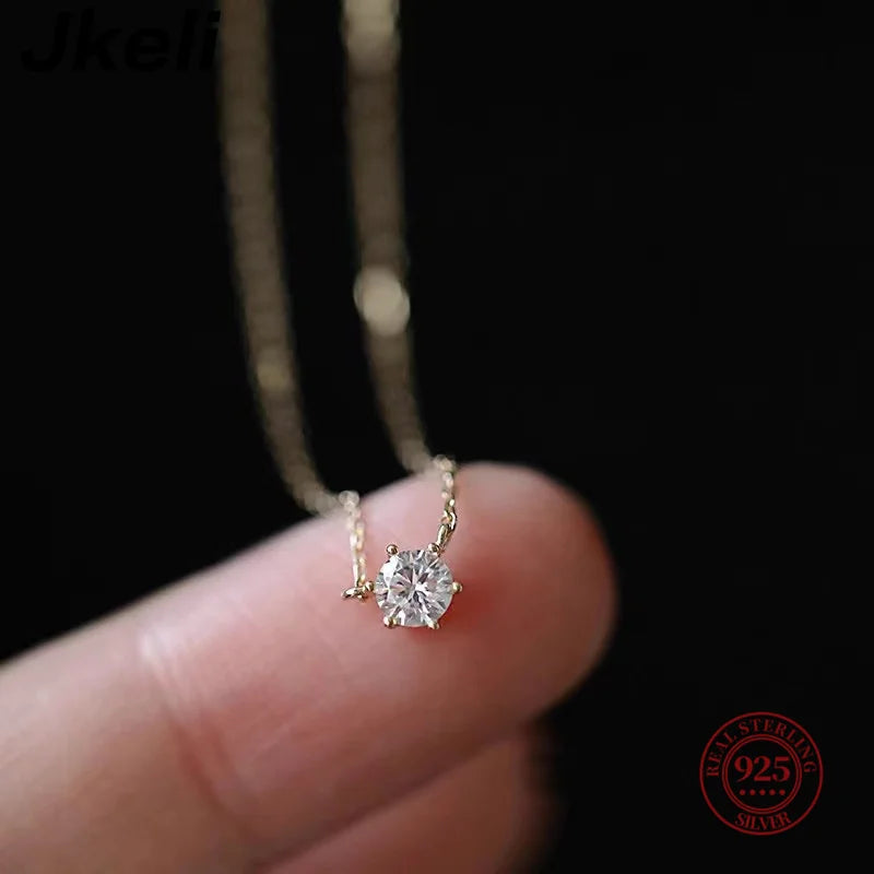 Sterling Silver 18k Gold Plated Necklace Single Sparkling Zircon